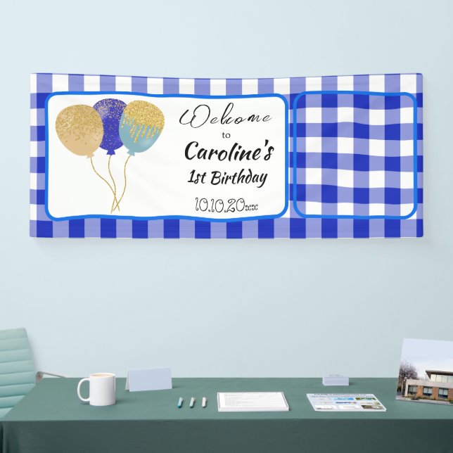 Elegant Blue Gingham Glitter Balloons 1st Birthday Banner (Tradeshow)