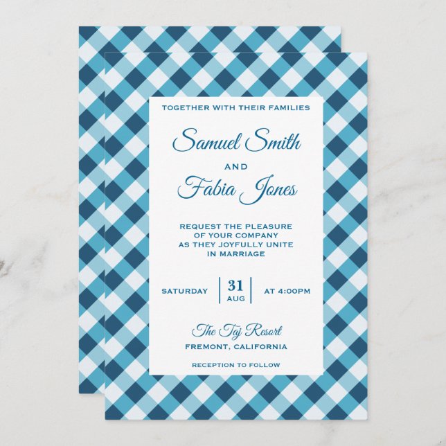 Elegant Blue Gingham Pattern Wedding Invitation (Front/Back)