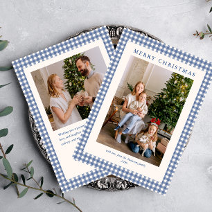 Elegant Blue Gingham Plaid 2 Photo Christmas Holiday Card