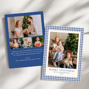 Elegant Blue Gingham Plaid 5 photo Christmas Holiday Card