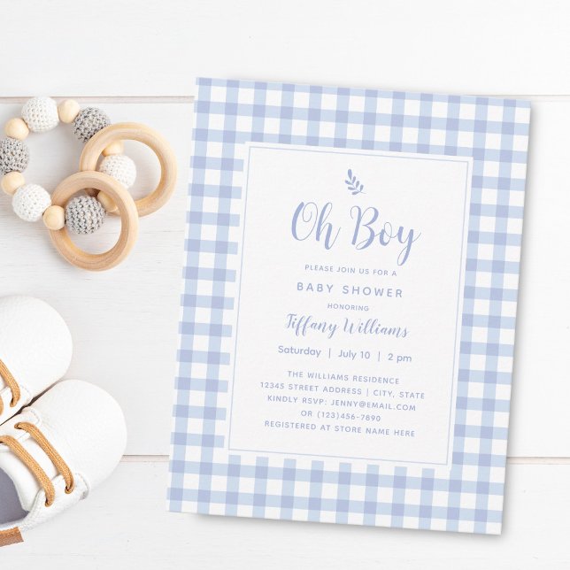 Elegant Blue Gingham Plaid Cute Oh Boy Baby Shower Invitation (Creator Uploaded)