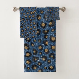 Elegant Blue Glitter Black Gold Leopard Print Bath Towel Set
