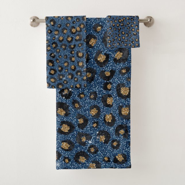 Elegant Blue Glitter Black Gold Leopard Print Bath Towel Set (Insitu)