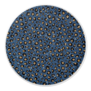 Elegant Blue Glitter Black Gold Leopard Print Ceramic Knob