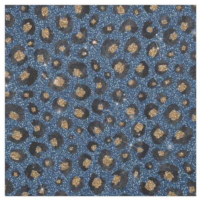 Elegant Blue Glitter Black Gold Leopard Print Fabric (Swatch)