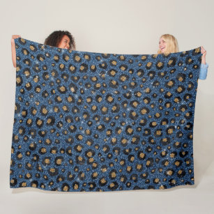 Elegant Blue Glitter Black Gold Leopard Print Fleece Blanket