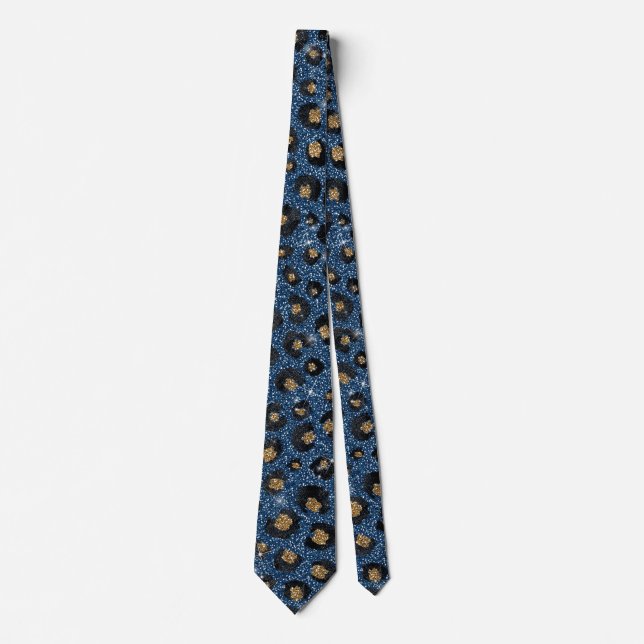 Elegant Blue Glitter Black Gold Leopard Print Tie (Front)