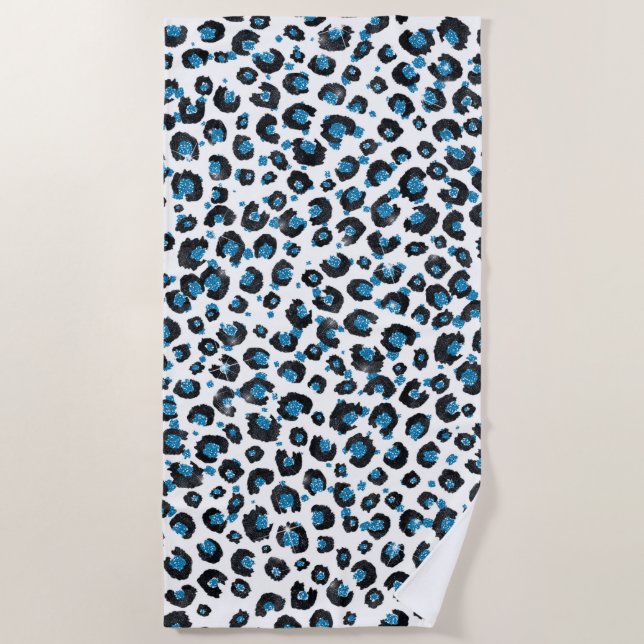 Elegant Blue Glitter Black Leopard Animal Print Beach Towel (Front)