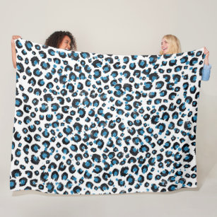 Elegant Blue Glitter Black Leopard Animal Print Fleece Blanket