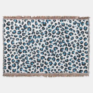 Elegant Blue Glitter Black Leopard Animal Print Throw Blanket