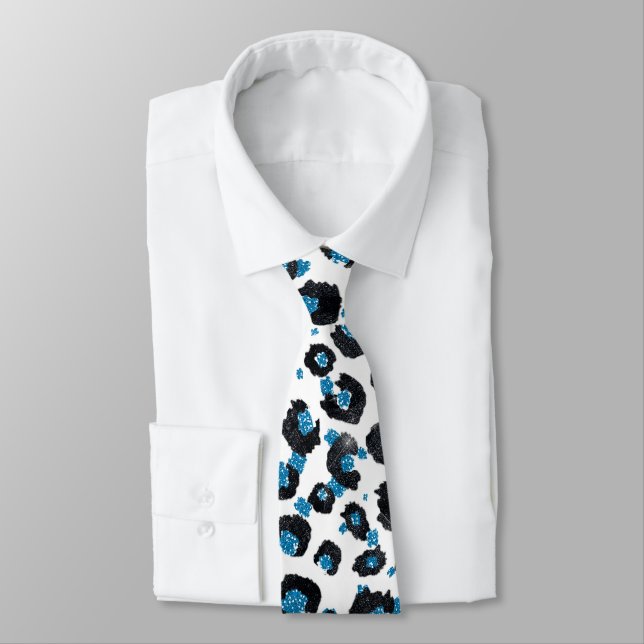 Elegant Blue Glitter Black Leopard Animal Print Tie (Tied)