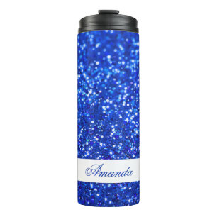 Elegant Blue Glitter Custom Name Thermal Tumbler