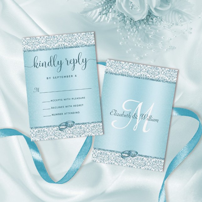 Elegant Blue Glitter Monogram Wedding RSVP Card (Creator Uploaded)
