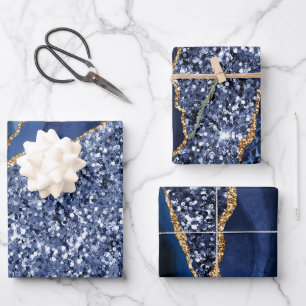 Elegant Blue Glitter Ocean Agate Birthday Party Wrapping Paper Sheet