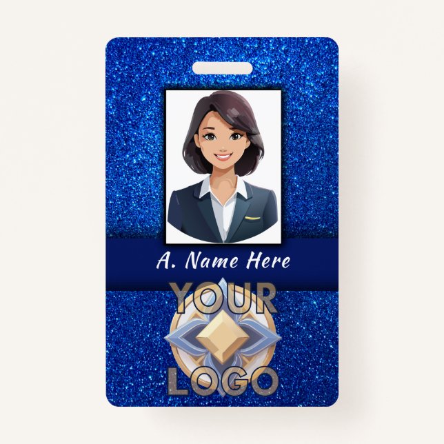 Elegant Blue Glitter Wedding Event Staff ID Name  ID Badge (Front)