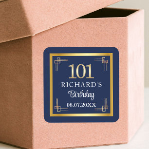 Elegant Blue Gold 101th Birthday Party Square Sticker
