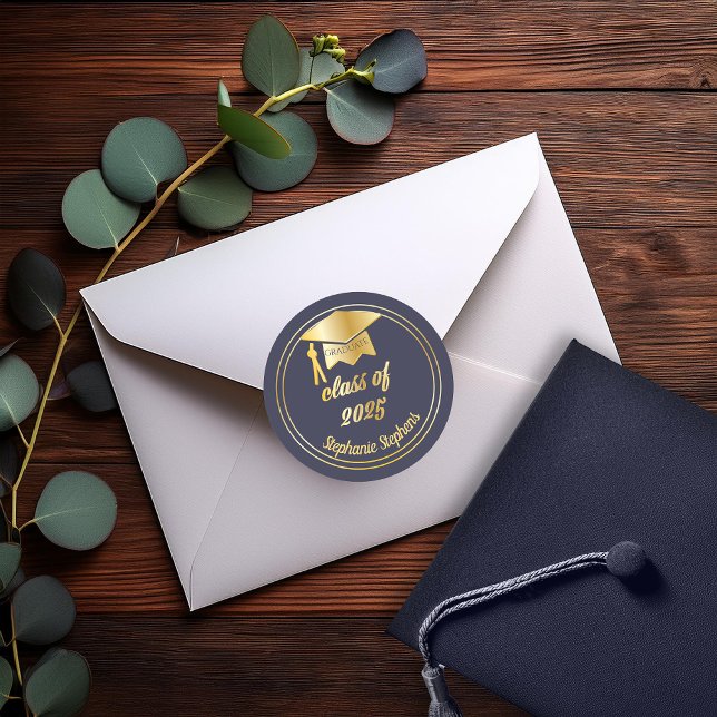 Elegant Blue | Gold 2025 Graduate Cap Graduation Classic Round Sticker (Elegant Blue and Gold Tone Grad Cap Graduation Class of 2025 Classic Round Stickers)