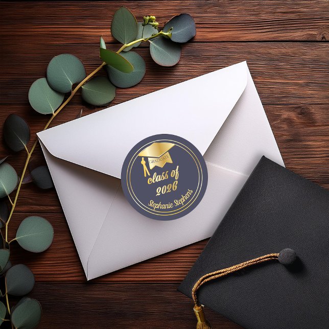 Elegant Blue | Gold 2026 Graduate Cap Graduation Classic Round Sticker (Elegant Blue and Gold Tone Grad Cap Graduation Class of 2026 Classic Round Stickers)