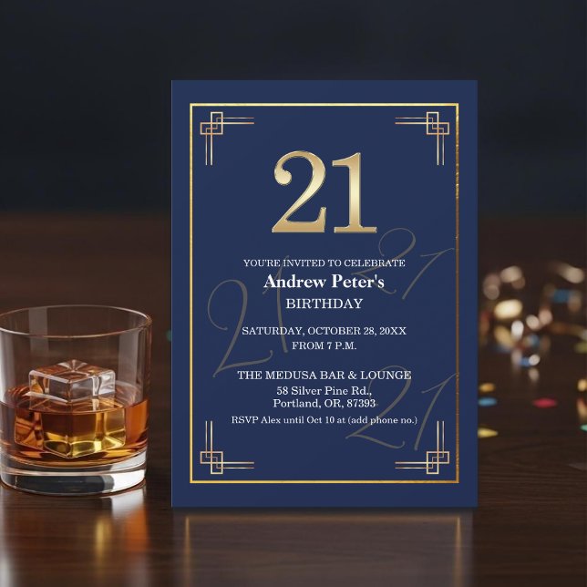 Elegant Blue Gold 21st Birthday Party Invitation (Creator Uploaded)