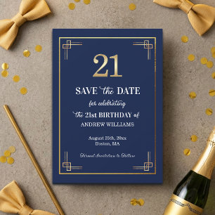 Elegant Blue Gold 21st Birthday Party Save The Date