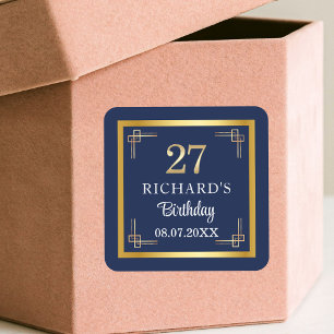 Elegant Blue Gold 27th Birthday Party Square Sticker