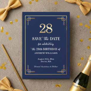 Elegant Blue Gold 28th Birthday Party Save The Date