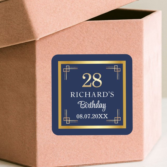 Elegant Blue Gold 28th Birthday Party Square Sticker (Creator Uploaded)