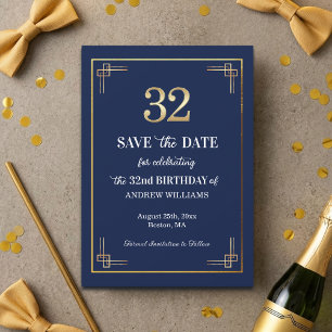 Elegant Blue Gold 32nd Birthday Party Save The Date