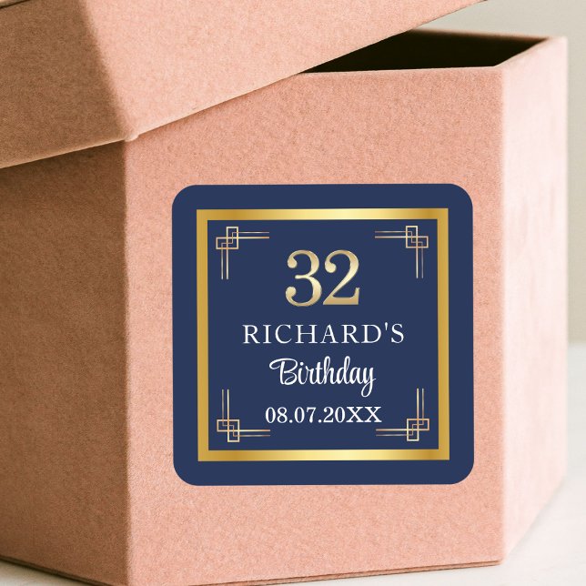 Elegant Blue Gold 32nd Birthday Party Square Sticker (Creator Uploaded)