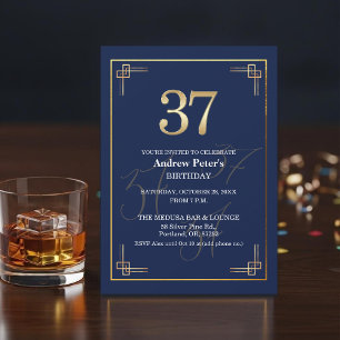 Elegant Blue Gold 37th Birthday Party Invitation