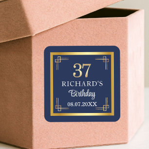 Elegant Blue Gold 37th Birthday Party Square Sticker