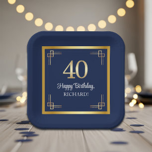 Elegant Blue Gold 40th Birthday Party Paper Plate