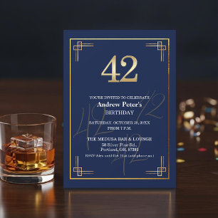 Elegant Blue Gold 42nd Birthday Party Invitation