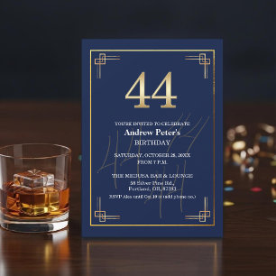 Elegant Blue Gold 44th Birthday Party Invitation
