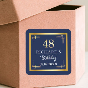Elegant Blue Gold 48th Birthday Party Square Sticker