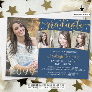 Elegant Blue Gold 4 Photo Confetti Graduate Invitation