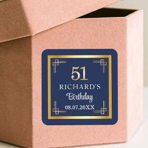 Elegant Blue Gold 51st Birthday Party Square Sticker