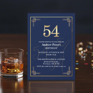 Elegant Blue Gold 54th Birthday Party Invitation