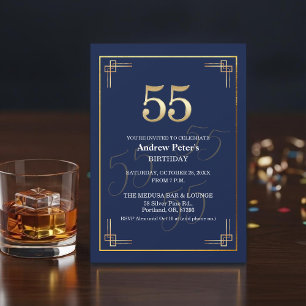 Elegant Blue Gold 55th Birthday Party Invitation