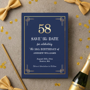 Elegant Blue Gold 58th Birthday Party Save The Date