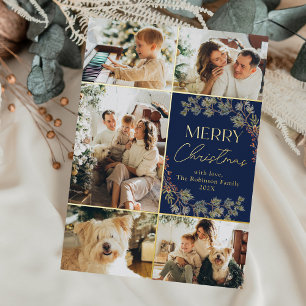 Elegant Blue Gold 5 Photo Merry Christmas Card