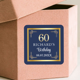 Elegant Blue Gold 60th Birthday Party Square Sticker