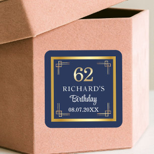 Elegant Blue Gold 62nd Birthday Party Square Sticker