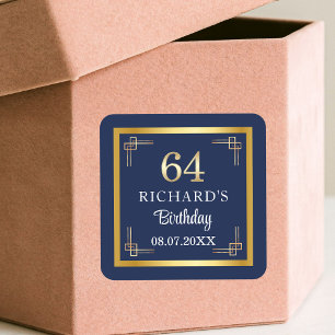 Elegant Blue Gold 64th Birthday Party Square Sticker
