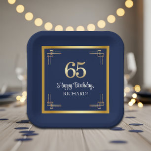 Elegant Blue Gold 65th Birthday Party Paper Plate