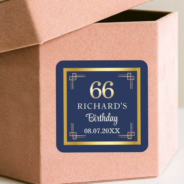 Elegant Blue Gold 66th Birthday Party Square Sticker (Creator Uploaded)