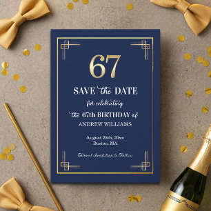 Elegant Blue Gold 67th Birthday Party Save The Date