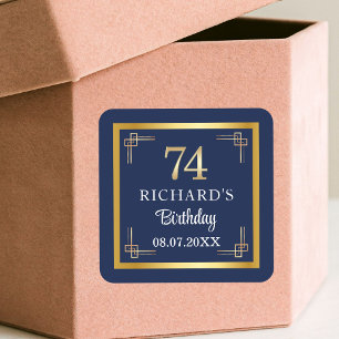 Elegant Blue Gold 74th Birthday Party Square Sticker
