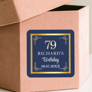 Elegant Blue Gold 79th Birthday Party Square Sticker