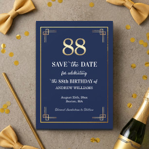 Elegant Blue Gold 88th Birthday Party Save The Date